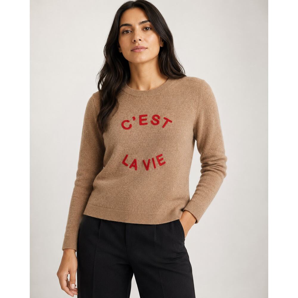 Banana Republic Merino Wool Sweater Medium Camel Brown C’est La Vie Embroidered